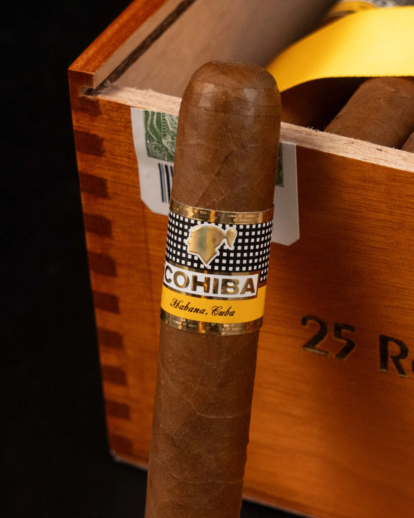 Cohiba cigar in front of its wooden box